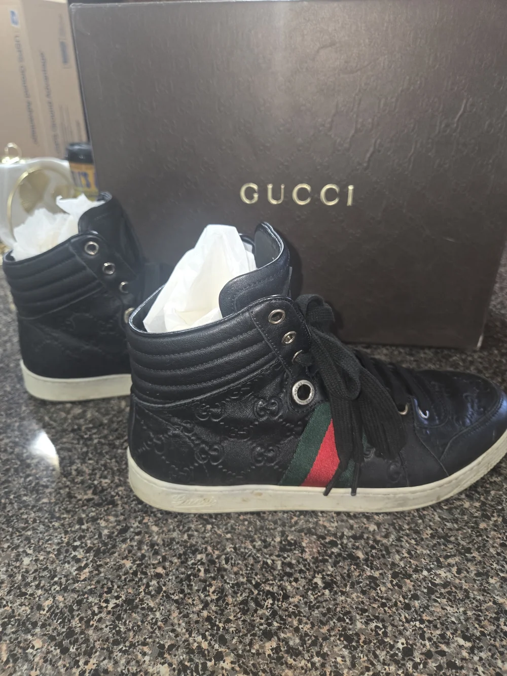 Gucci Black Leather High-Top Sneakers with Signature Web Stripe